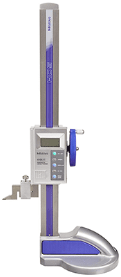 Digital caliper with blue body and white accents on plain background.