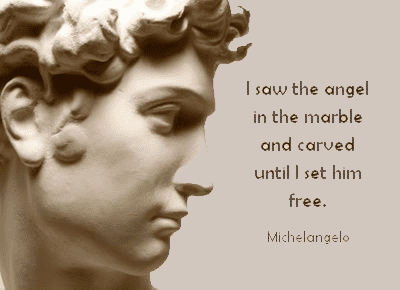 Sepia-toned marble angel's head with curly hair and serene expression, accompanied by a quote from Michelangelo.