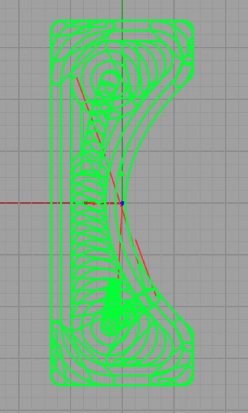 Technical drawing of complex shape on gray grid.
