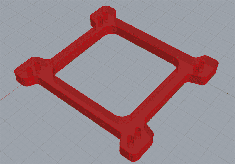 A 3D printed red square on a grey background showcasing milling operations with CAM toolpaths.