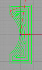 Green and red 2D laser beam cutting path on gray background.