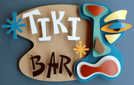 Bold colorful text on gray background featuring "TIKI BAR" in playful mixed-case font with various shapes and colors.