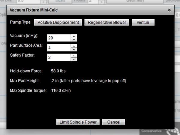 Vacuum fixture mini-calc form for CNC router table part pop-off issues.