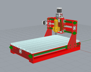 Red CNC milling machine with green accents on a gray background.
