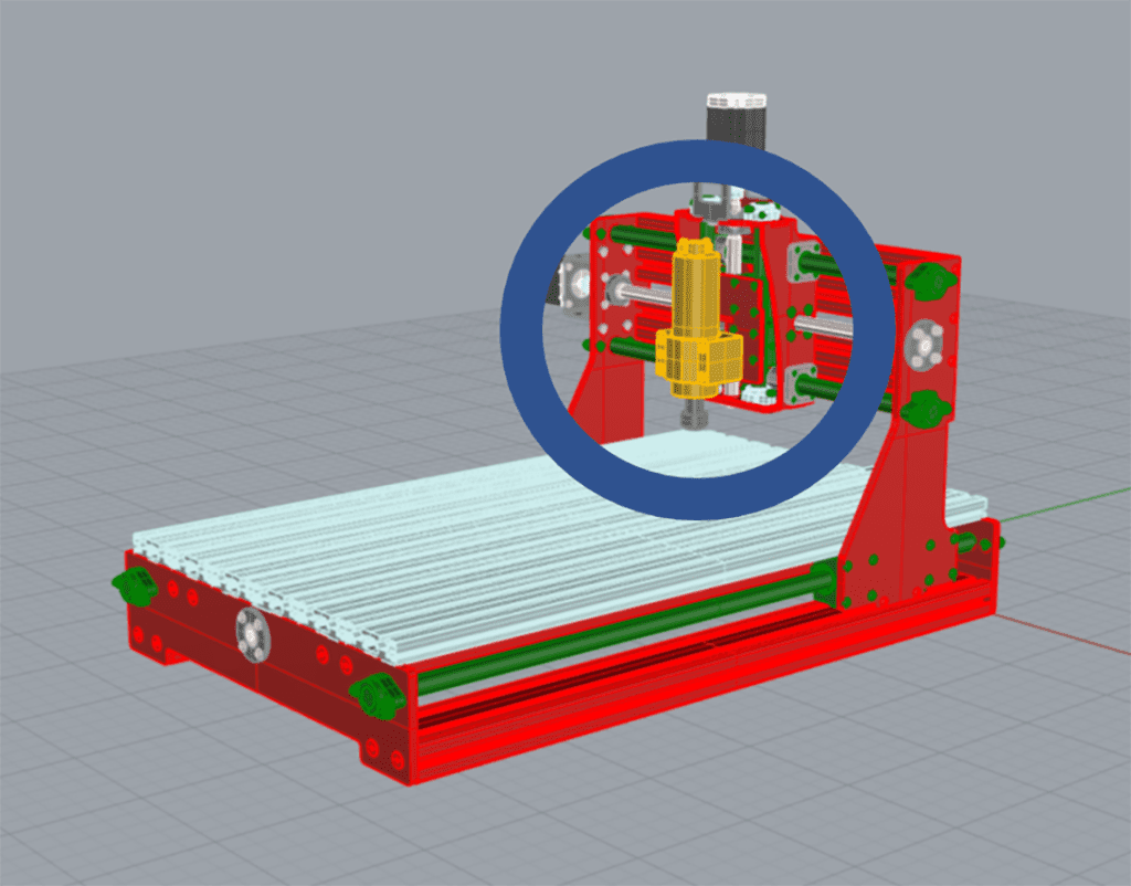 Red machine with green accents and yellow center.