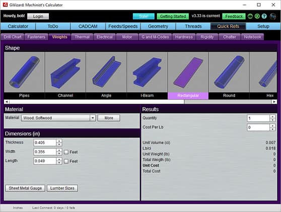 Calculator tool screenshot CNCCookbook.com weights calculation website.