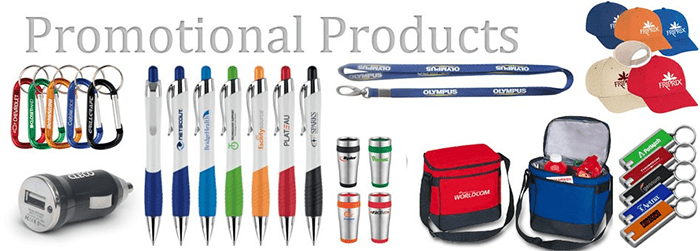 Promotional products including pens, carabiners, lanyards, coolers, travel mugs, and hats with various logos or text.