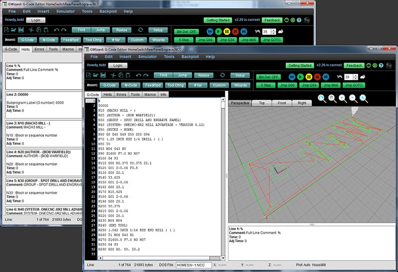 Screenshot of a g code editor displaying a complex 3D wireframe model, with various toolbars and coding lines on the screen.