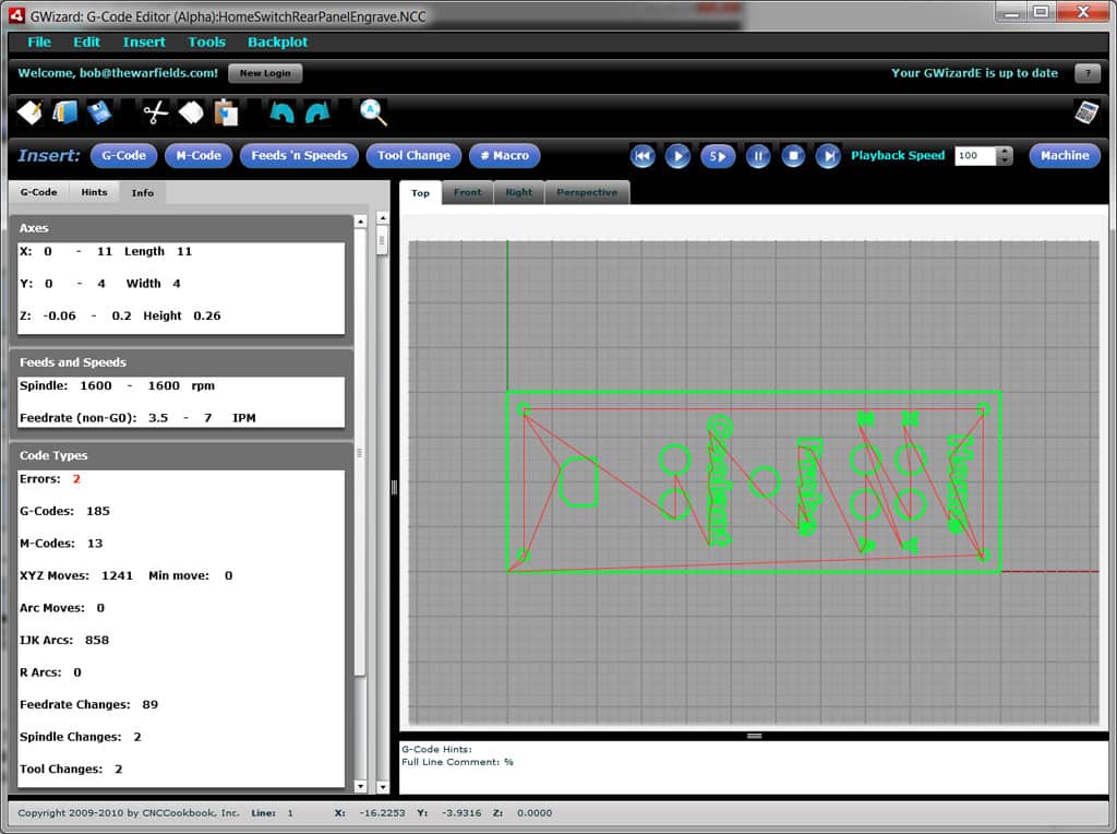 Computer screen displaying CNCCookbook.com's G-Code Editor tool.