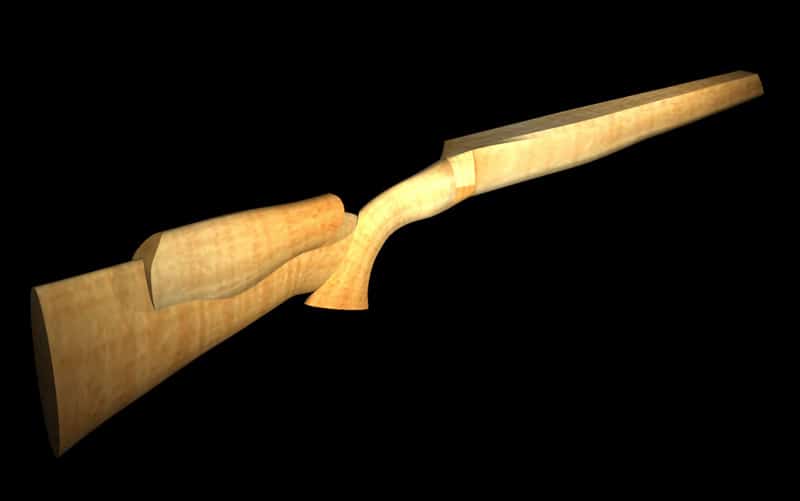 Wood rifle stock with curved buttstock, pistol grip, and cheek rest.