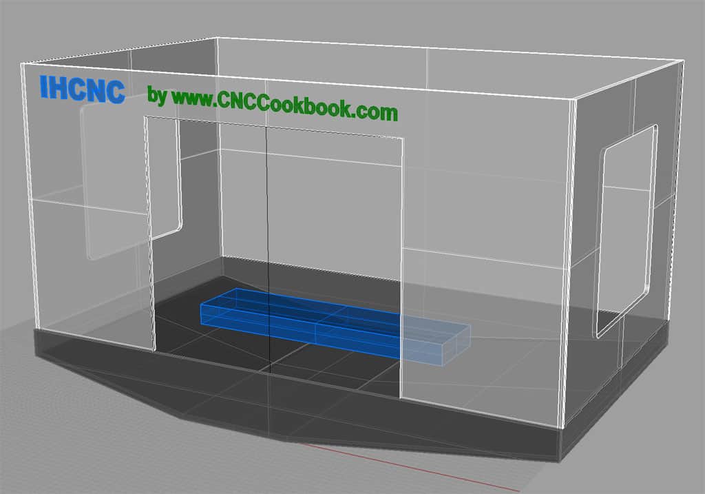 A 3d model of a kitchen with a blue bench and CNC enclosure.