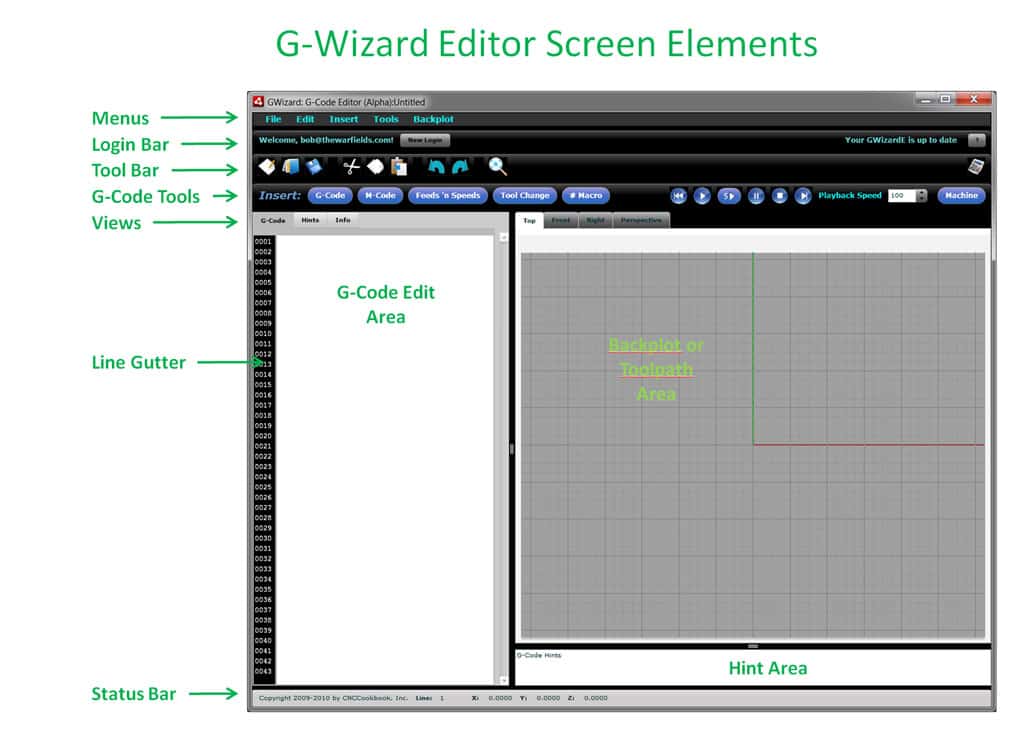 G-Wizard Editor screen with top menu bar, status bar, line gutter, and editing area featuring a grid-like structure.