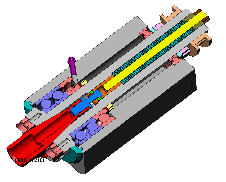 3D illustration of a sectional view of a mechanical device, showcasing various components including gears and pipes in multiple colors, featuring a CNC milling spindle.