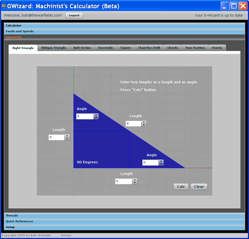 Screenshot of a computer software interface, G-Wizard: machinist's calculator (beta), displaying tools for calculating angles and lengths in a graphic of a right triangle.