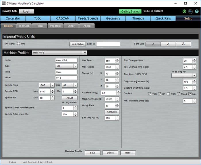 Screenshot of a machine setup interface in G-Wizard Calculator software, showing tabs for calculator, job, CNC tool crib, cad/cam, and other settings with input fields and dropdown menus.