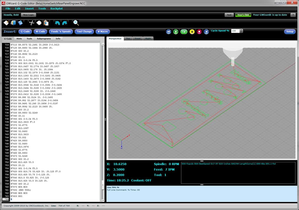 Screenshot of CNCCookbook.com's G-Code Editor with 2D layout and green rectangle.