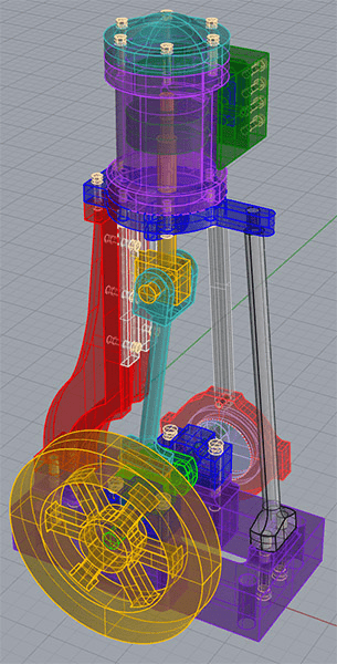 Complex mechanical system with gears, shafts, and bearings.