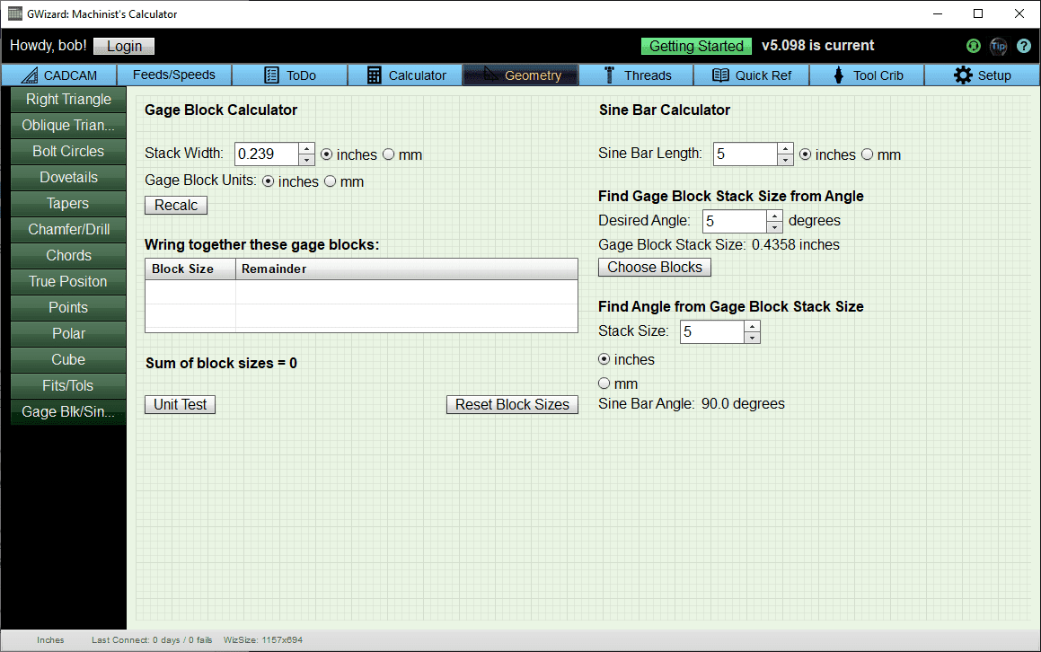 sine bar calculator gage block calculator