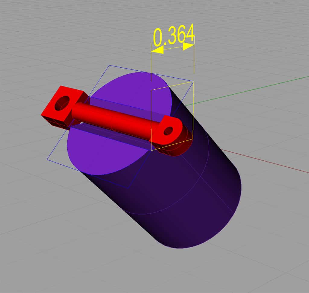 3D CAD model displaying a red lever attached to a purple cylinder, supported by a V-Block Turning Fixture, surrounded by measurement guides on a grid background.