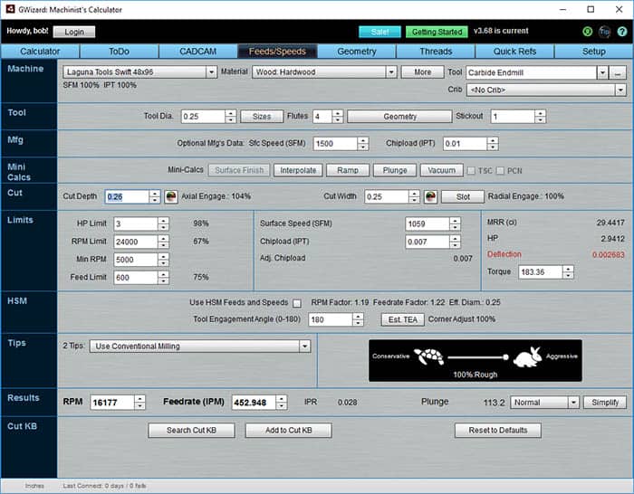 Screenshot of the G-Wizard Calculator software interface for a CNC router, featuring multiple input fields and tabs for feeds and speeds, quick drills, and setup.