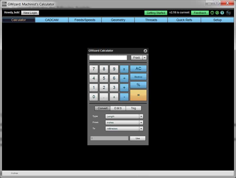 Screenshot of the G-Wizard machinist's calculator software interface showing a numeric keypad and options for calculations in the fields of trigonometry and geometry.