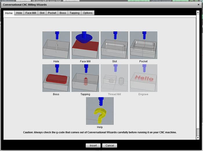 A screenshot of a conversational CNC milling machine interface displaying various tooling options such as hole, face mill, slot, pocket, boss, tapping, thread mill, and engrave.