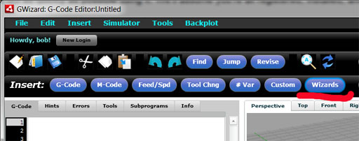 Screenshot of G-Wizard Conversational CNC editor interface with focus on the "insert" tab and various tool options displayed.