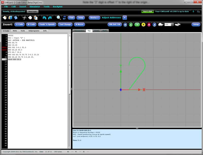 A screenshot of the GWizard G-Code Editor with menus and buttons along top and tabs below displaying a complex grid-like pattern.