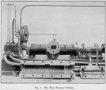 Black and white image of the first steam turbines, featuring cylindrical components, pipes, and mechanical gears on a platform.