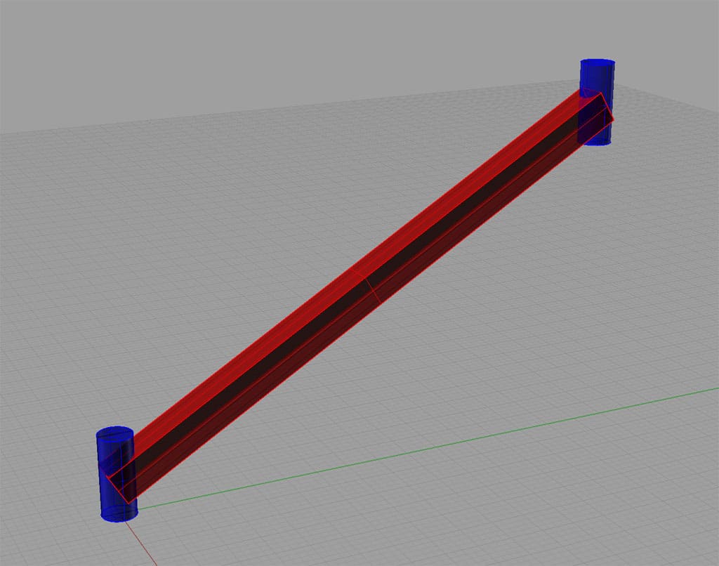 Red diagonal line with blue cylinders on gray background.