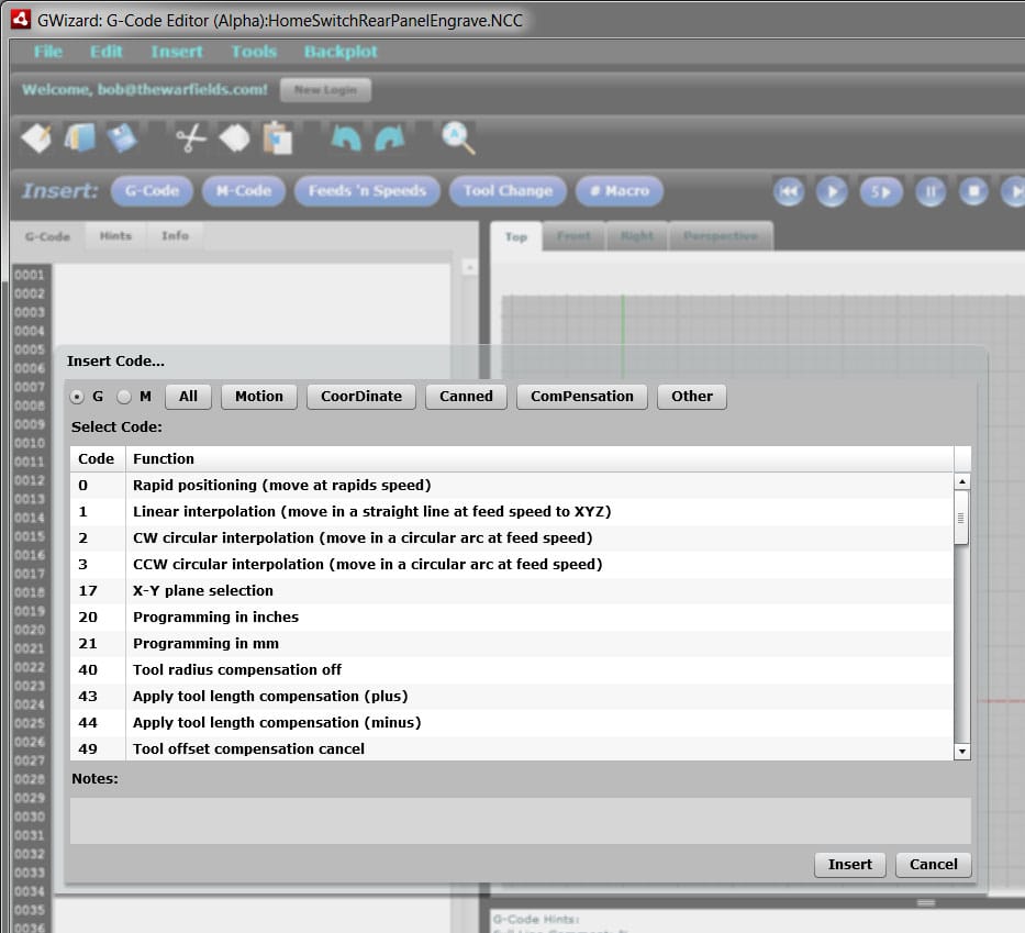 Screenshot of the G-Wizard CNC G-Code Editor interface displaying program code and toolpath simulation settings.