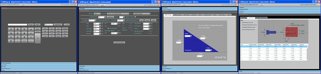 Four screenshots of a payment calculator software interface, customized for individual web sites, showing various tabs and financial data entry fields.