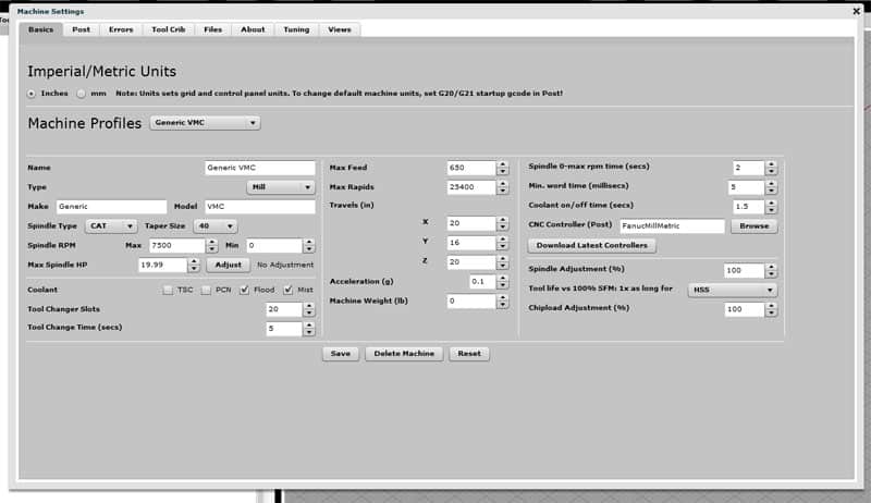 Screenshot of the G-Wizard Editor setup interface with tabs for basic, print, temp, tools, and about, displaying fields for machine profiles and print control settings.