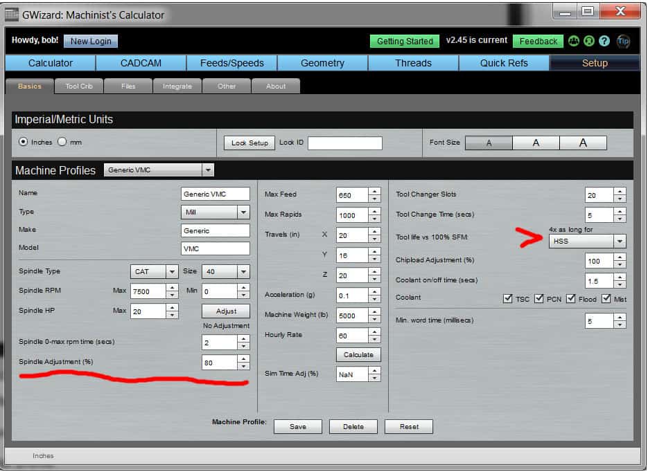 Screenshot of G-Wizard machinist's calculator software interface showing various input fields and settings for machining calculations, with a red arrow pointing to an input field labeled "axial" set at 750