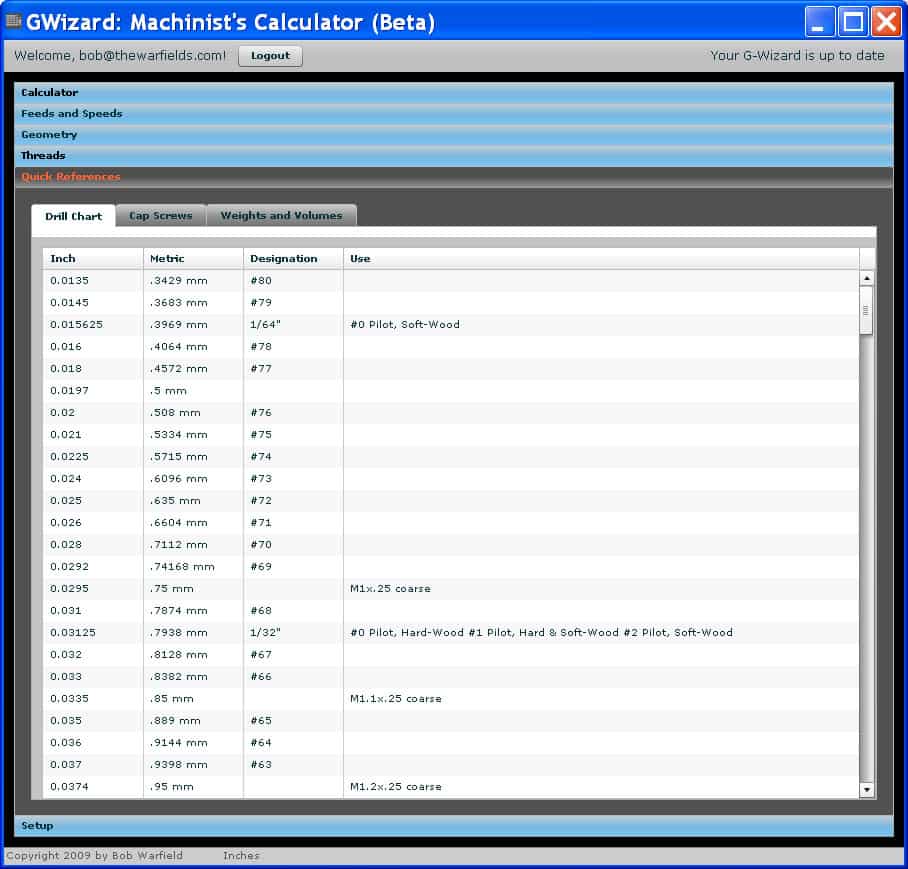 Screenshot of G-Wizard machinist's calculator software interface displaying thread data tables for metric, designation, and volume.