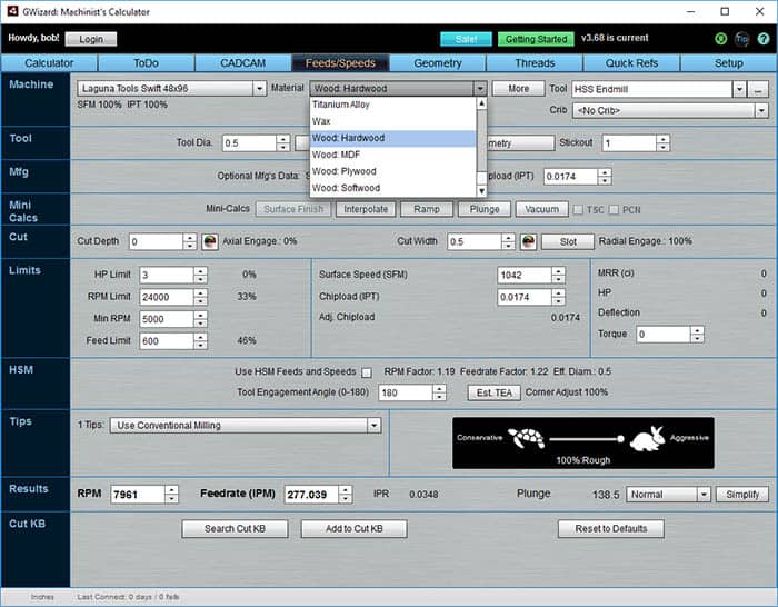 Screenshot of the G-Wizard Calculator interface with tabs for tools, feeds and speeds, settings, and calculations tailored for various materials and operations used by CNC router users, displayed on a computer screen.