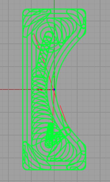 A digital design of a twisting structure with intricate green lines on a gray grid background, marked with red and blue arrows at the center, optimized for CNC feeds and speeds calculations.