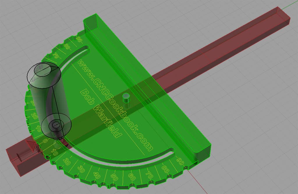 3D CAD model of a green and brown miter gauge, possibly part of woodworking tools, displayed on a grid background.