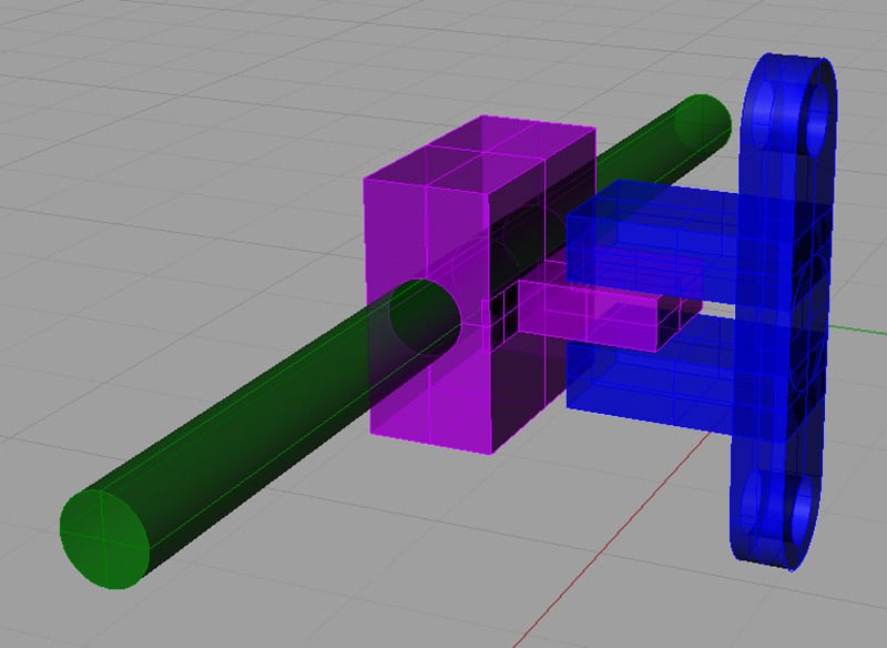 3D CAD model of a CNC machine assembly with a green cylinder and purple cubic structures on a grid background.