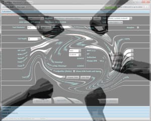 Illustration of a futuristic user interface, with abstract digital data flow and multiple tabs, suggesting high-tech computing or cyber security monitoring in partnership with CNCCookbook.