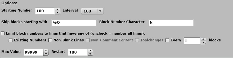Machining software settings page for renumbering blocks.