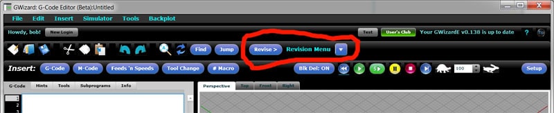 Screenshot of a website with toolbar featuring buttons for Insert, G-Code, M Code, and Revision Menu.