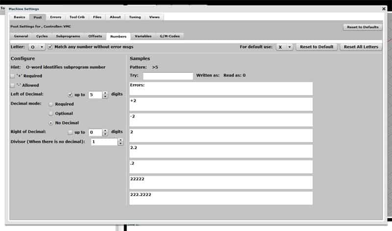 Machining settings configuration screenshot with Configure and Samples sections.