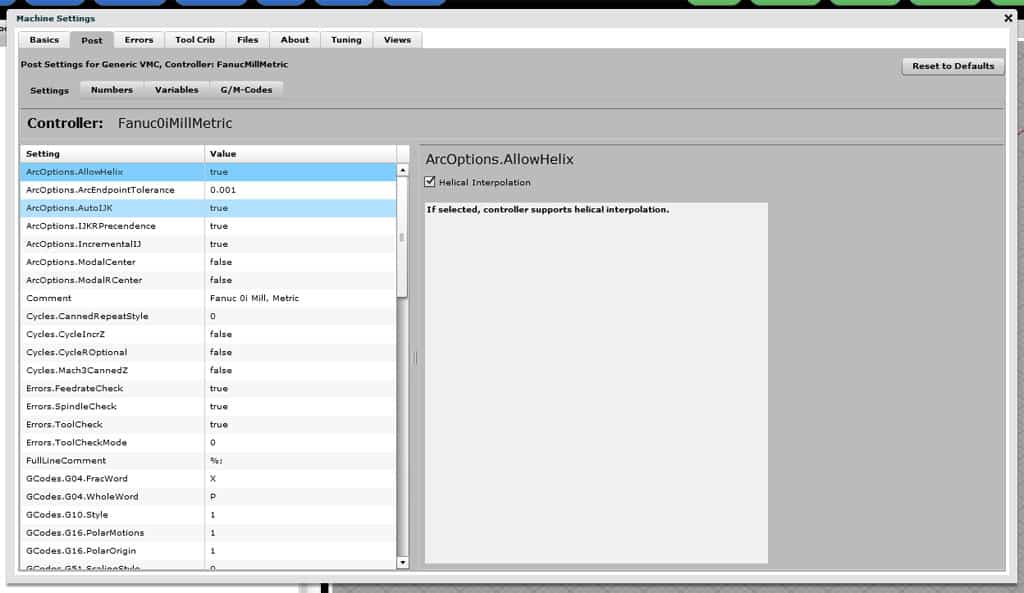 Screenshot of a computer interface showing the G-Wizard Editor with open settings dialog, displaying various numerical and boolean configuration options for customizing posts in machine tool functions.