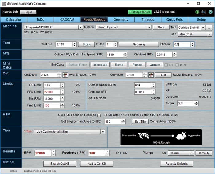 Screenshot of the G-Wizard Calculator software interface with various input fields and options for materials, speed, feed, and cutting parameters.