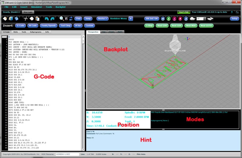 GWizard G-Code Editor interface with multiple windows.