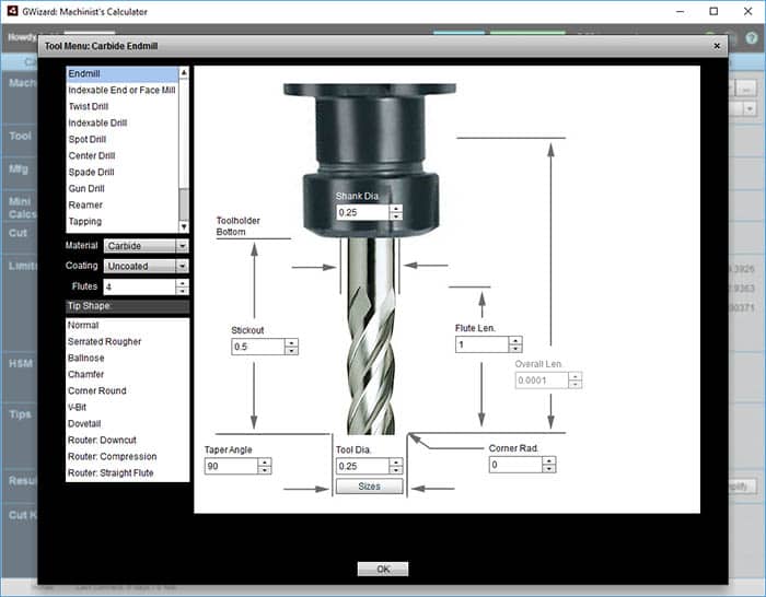 Screenshot of the G-Wizard Calculator software interface displaying feeds and speeds specifications for an end mill cutting tool.