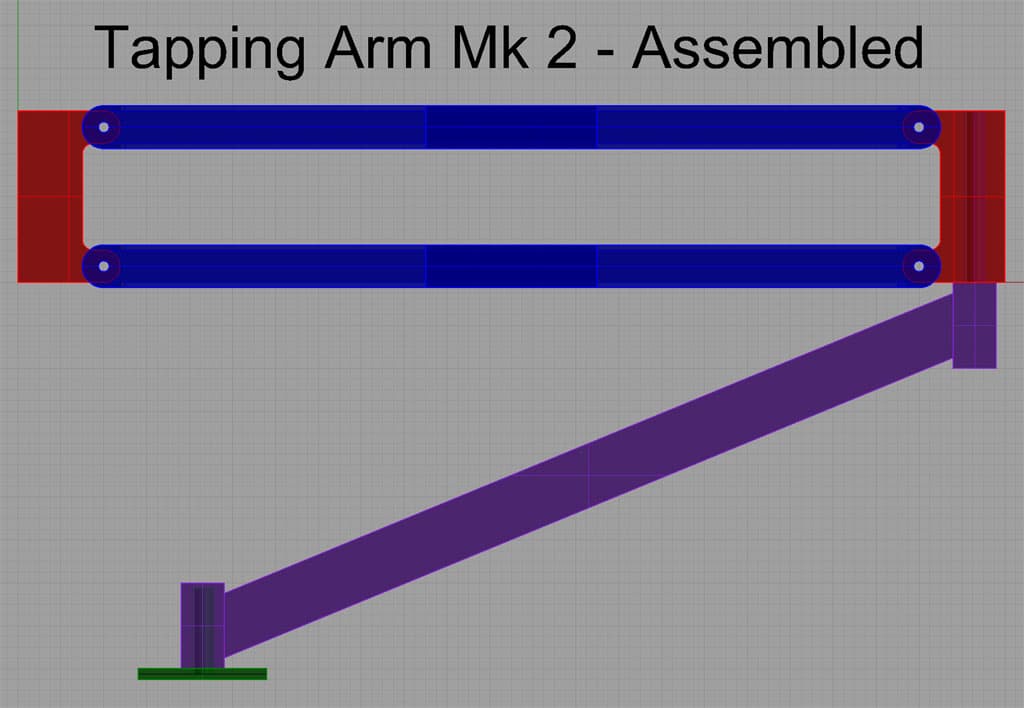 Technical diagram titled "DIY tapping arm mk 2 - assembled" showing a purple mechanical arm with a red horizontal element at the top and a green base.