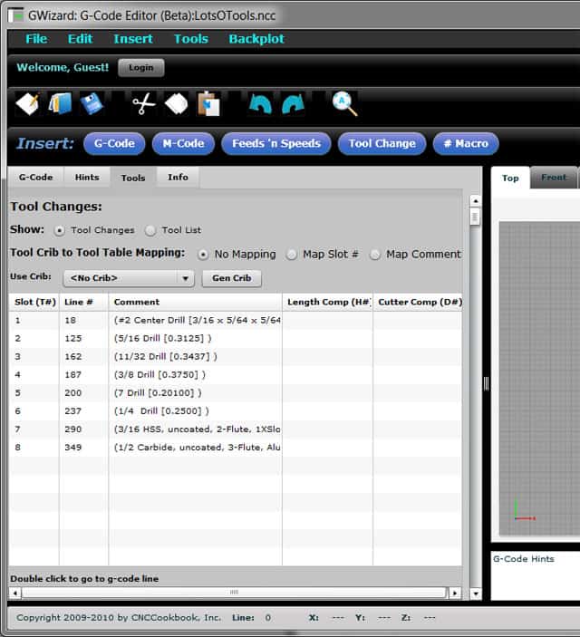 Screenshot of G-Wizard Editor software interface showing tool configuration and mapping with various menu options like file, edit, and tools, featuring tool crib and tool data management functionalities.