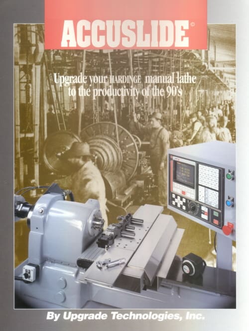 Advertisement poster for accuslide, featuring a juxtaposition of an old manual lathe with factory workers and a modern CNC lathe, promoting upgraded productivity.